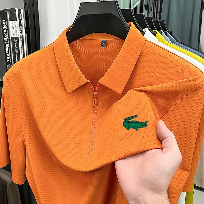 Polo texturé premium pour homme, sans couture, demi-zip, imprimé crocodile, manches courtes, col rev