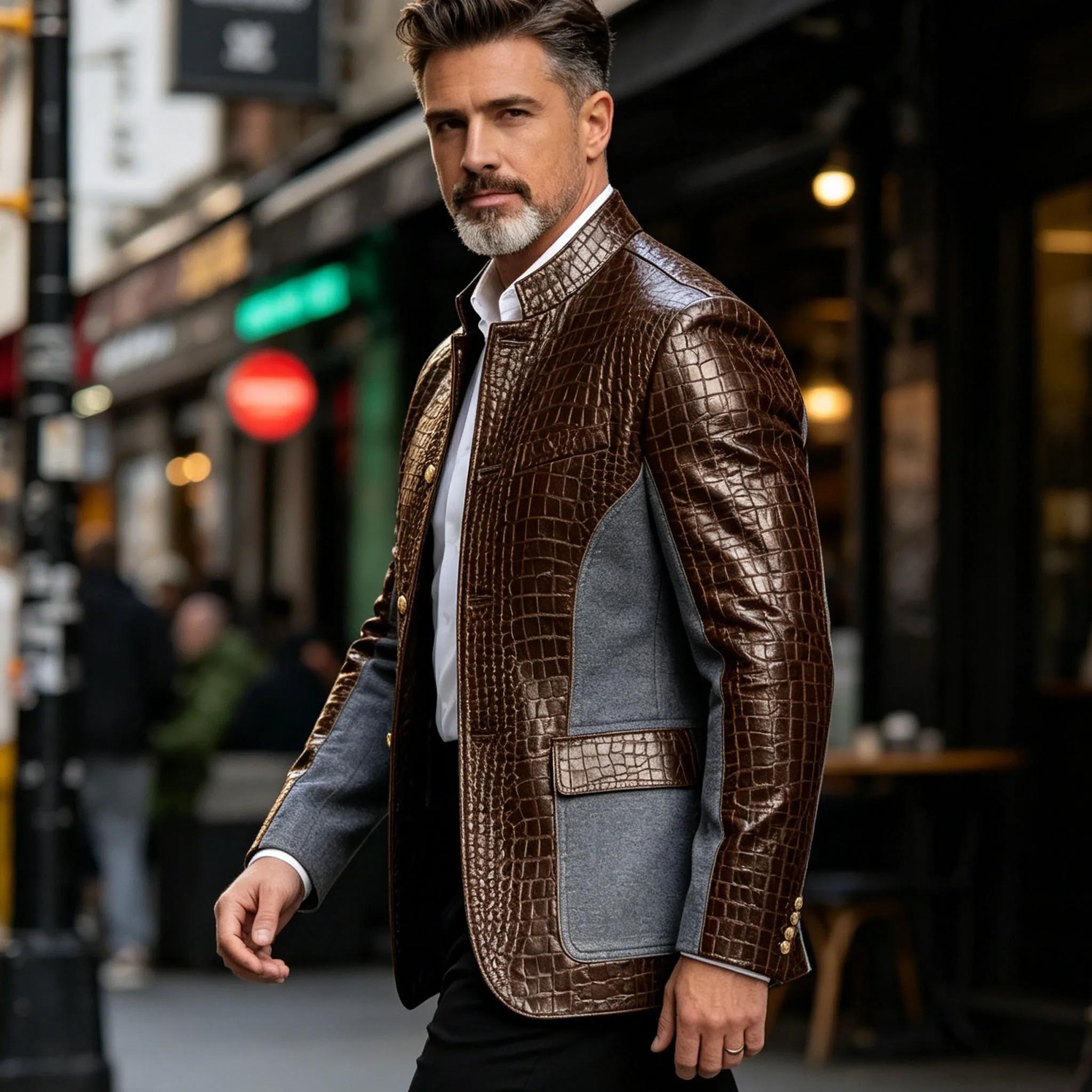 Blazer en cuir PU de luxe marron pour homme, effet croco, patchwork denim, col montant, coupe ajusté