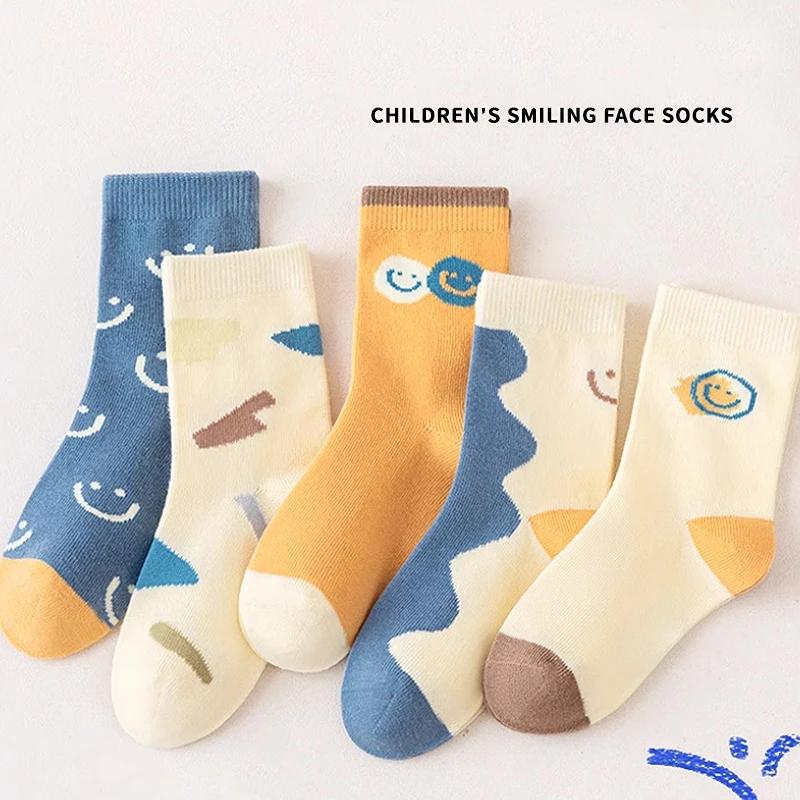 5 paires de chaussettes en coton solide pour enfants garçons, demi-chaussettes avec lettres souriant