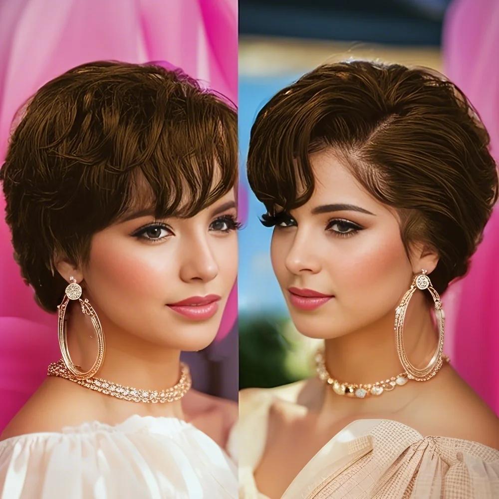 Perruque Lace Front Wig naturelle transparente, cheveux humains, coupe Pixie, ondulée naturelle, cou