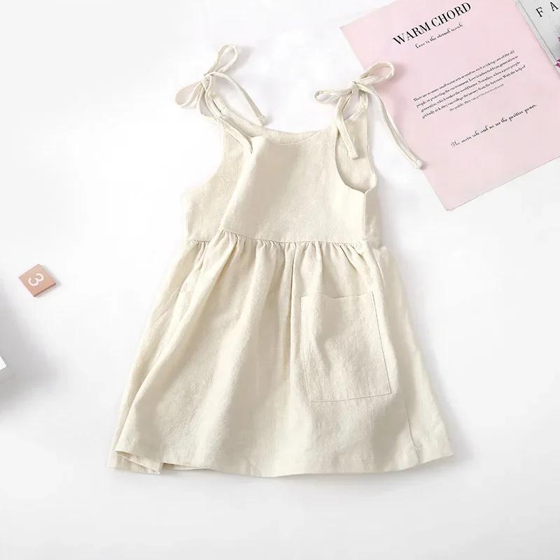 Robe d'été en coton solide pour petites filles, sans manches, pour enfants, vêtements à la mode pour