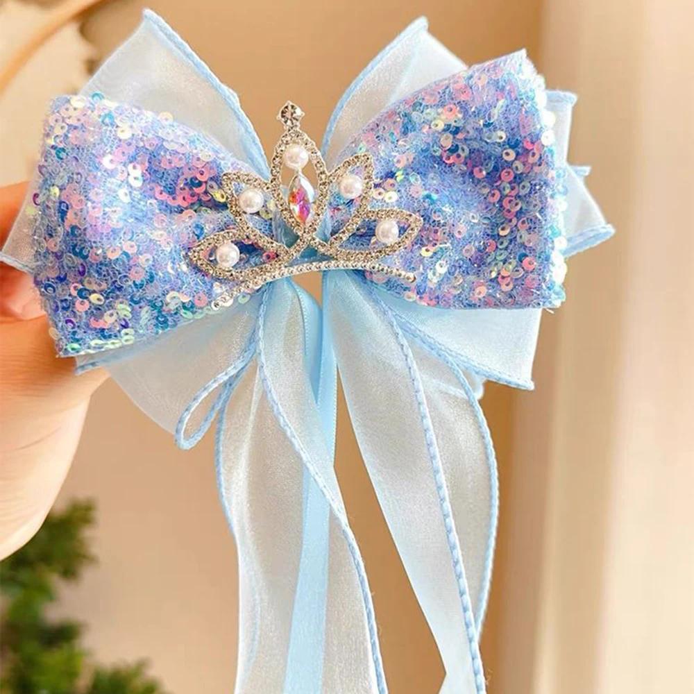 Épingle à cheveux flocon de neige, grand nœud, ruban à paillettes, Clips supérieurs, couronne de pri
