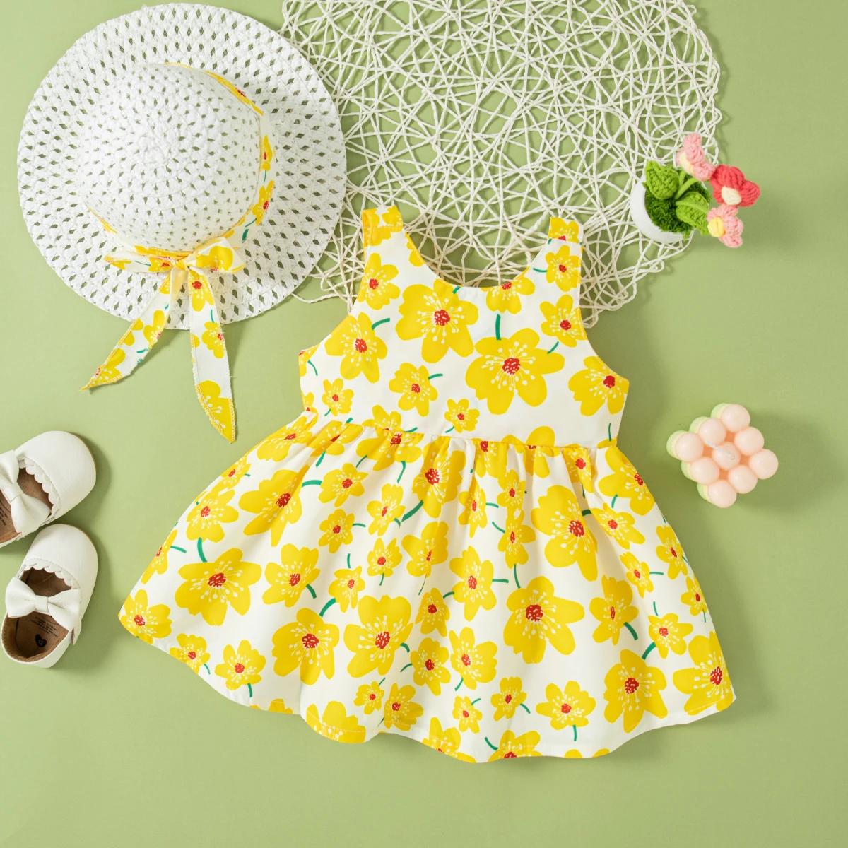 Robe florale pour petites filles de 0 à 2 ans, tenue d'été avec chapeau gratuit pour fête sur la pla