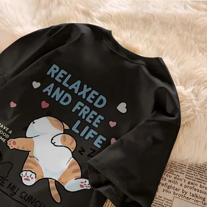 T-shirt à manches courtes pour Couple, ample et décontracté, avec lettres imprimées de chat paresseu