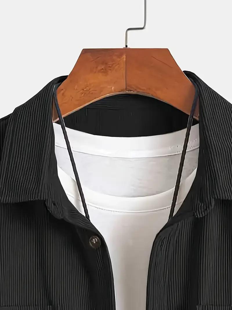 Chemise à manches longues en velours côtelé pour homme, col rabattu, poche poitrine, style décontrac