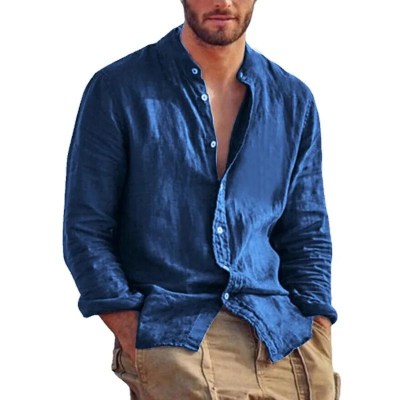 Sweat-shirt à manches longues pour hommes, chemise en lin de couleur unie, tendance, col montant, dé