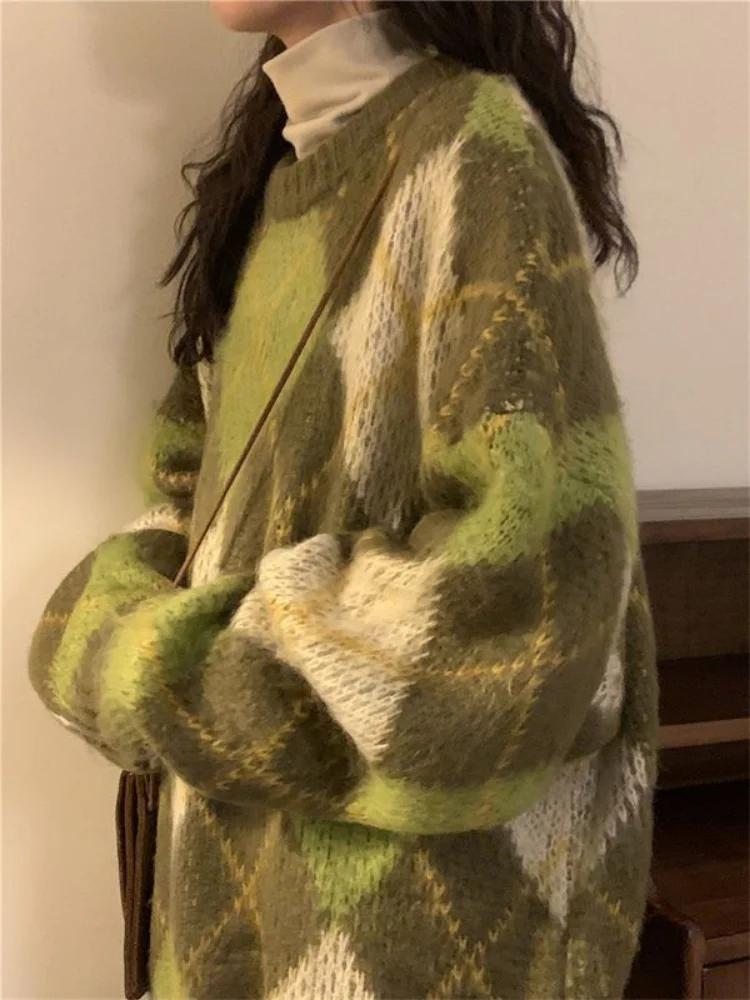 Pull Baggy Rétro Vert pour Femme, Vêtement Confortable et Minimaliste, Style BF, Argyle, Décontracté