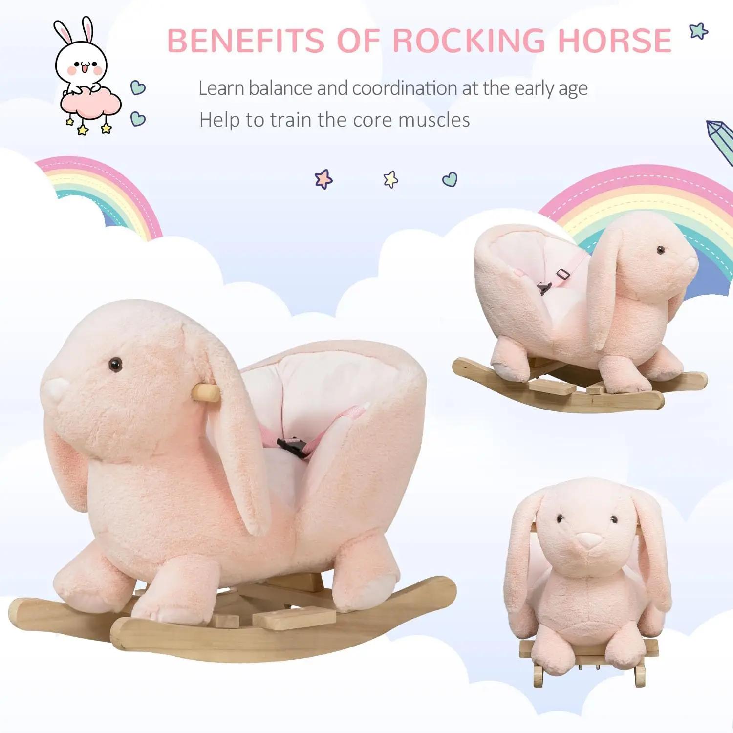 Qaba bébé cheval à bascule, lapin en peluche Animal Rocker avec son simulé, base en bois, ceinture d