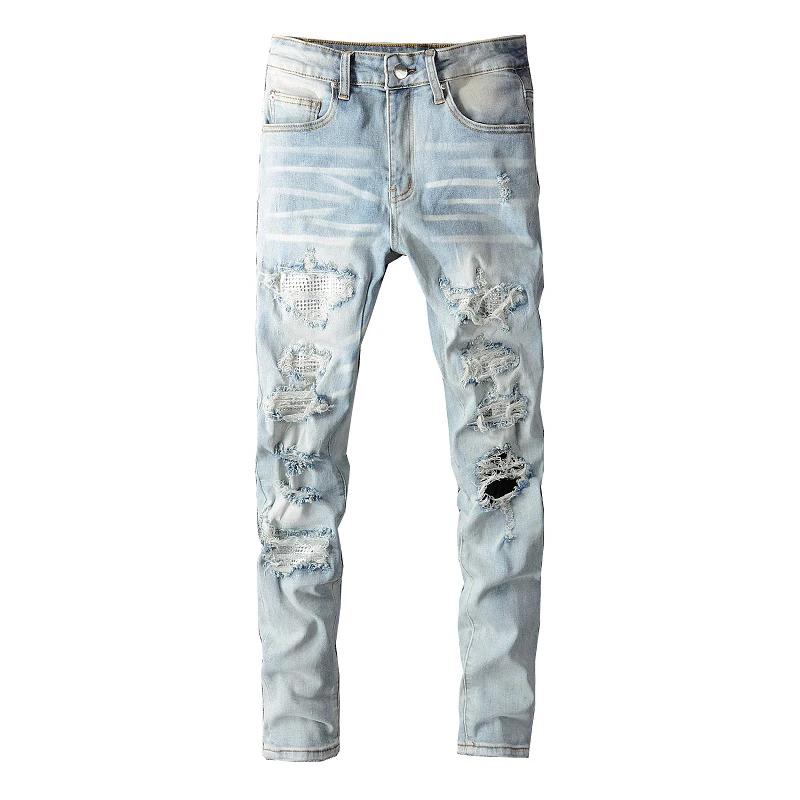 Jean déchiré en Patchwork pour hommes, trous de cristal, Streetwear, Denim bleu clair, Slim, pantalo