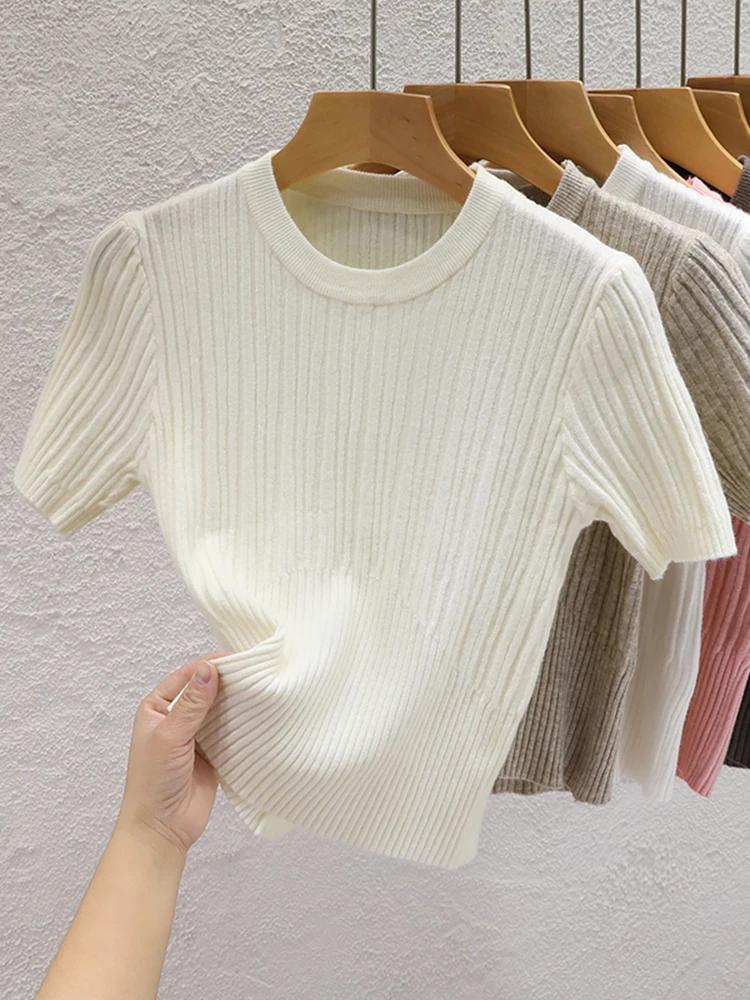 T-shirts d'été 2026 pour femmes – Décontractés, style coréen, tricotés, streetwear, basiques, unis, 