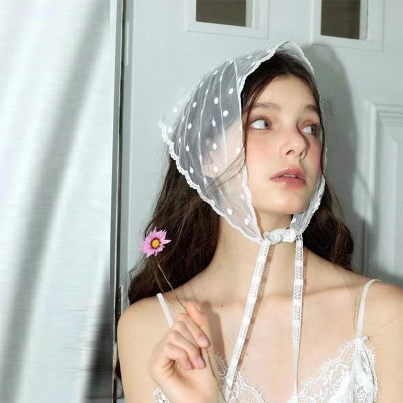 Foulard triangulaire en dentelle pour femmes, accessoire de cheveux Simple à pois, bandeau de Style 