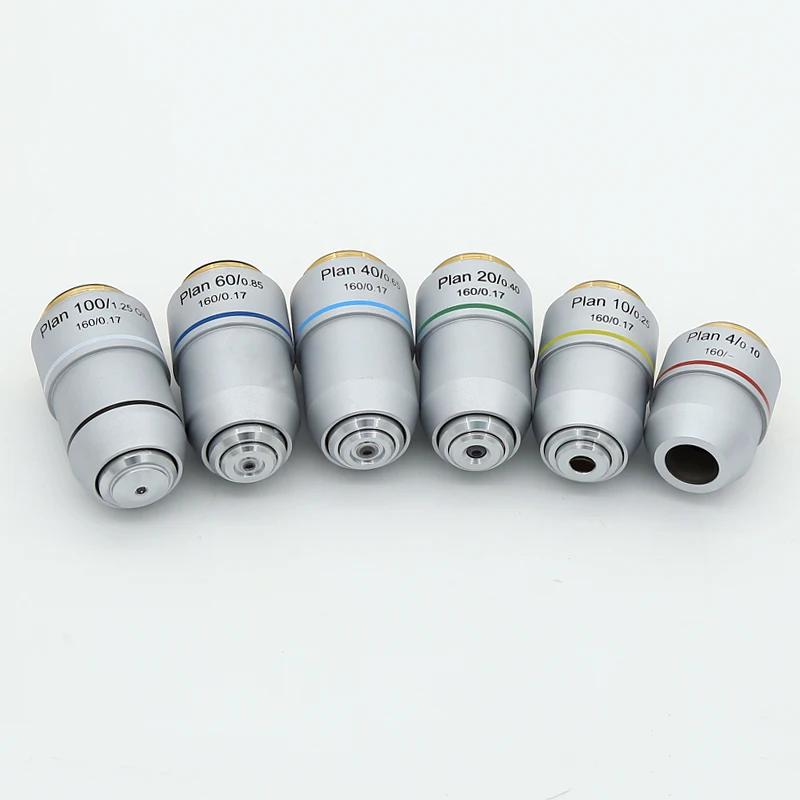 Objectif de Plan de Microscope biologique, lentille 4X 10X 20X 40X 60X 100X RMS, filetage 160/0.17