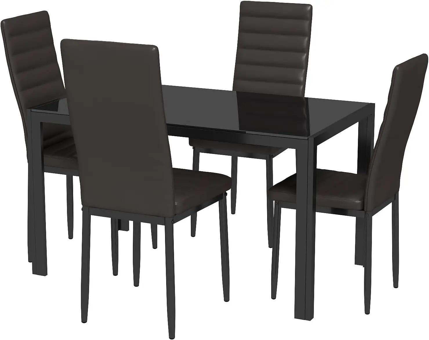 Table à manger verre 5 pièces avec chaises cuir PU - Ensemble salle à manger moderne pour cuisine salon