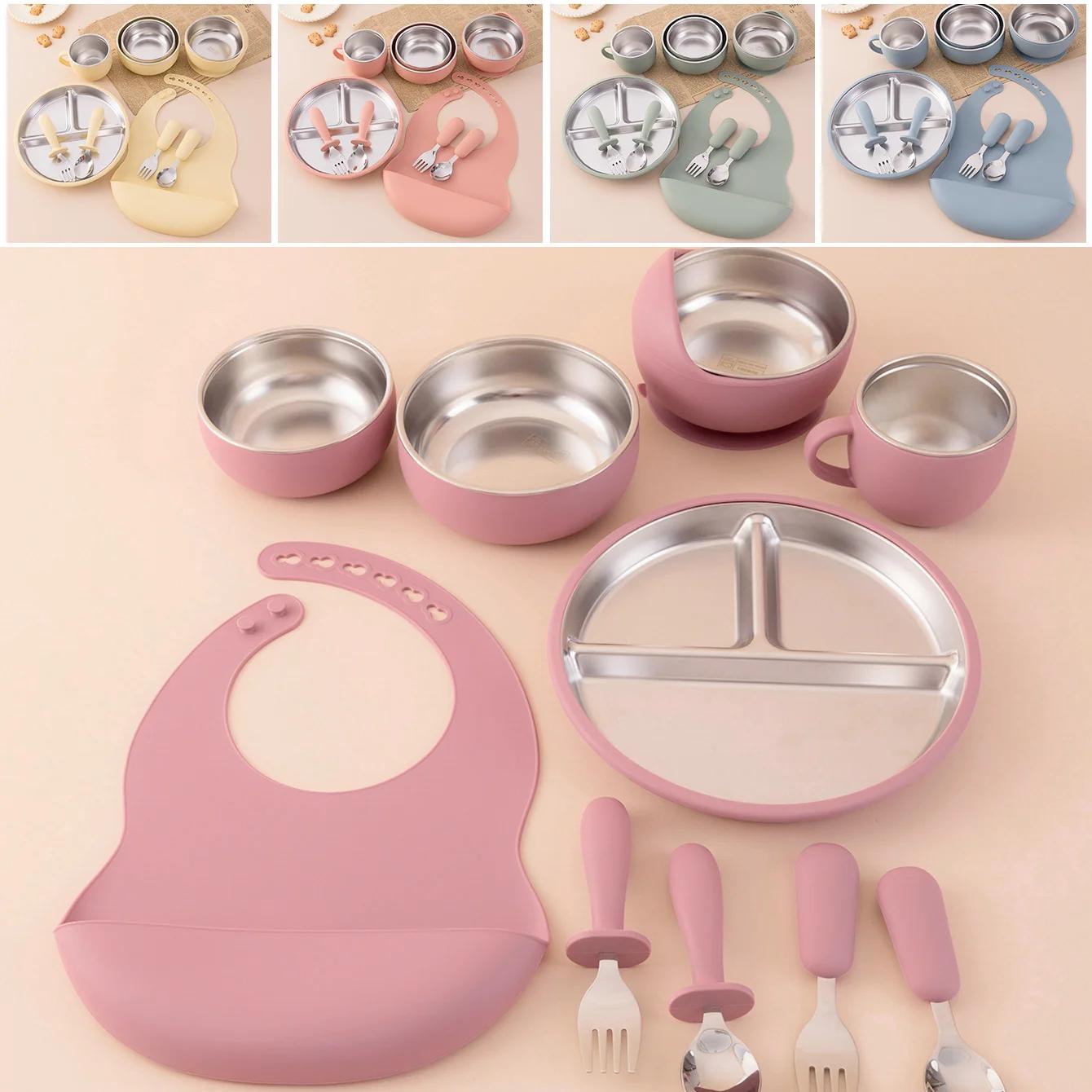 Ensemble d'alimentation pour enfants, 10 pièces, vaisselle en acier inoxydable et Silicone avec bol 