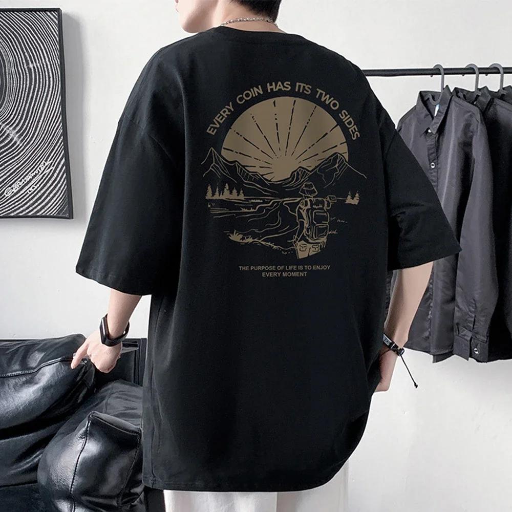T-shirt en coton imprimé à manches mi-longues pour hommes, t-shirts décontractés à col rond, devant 