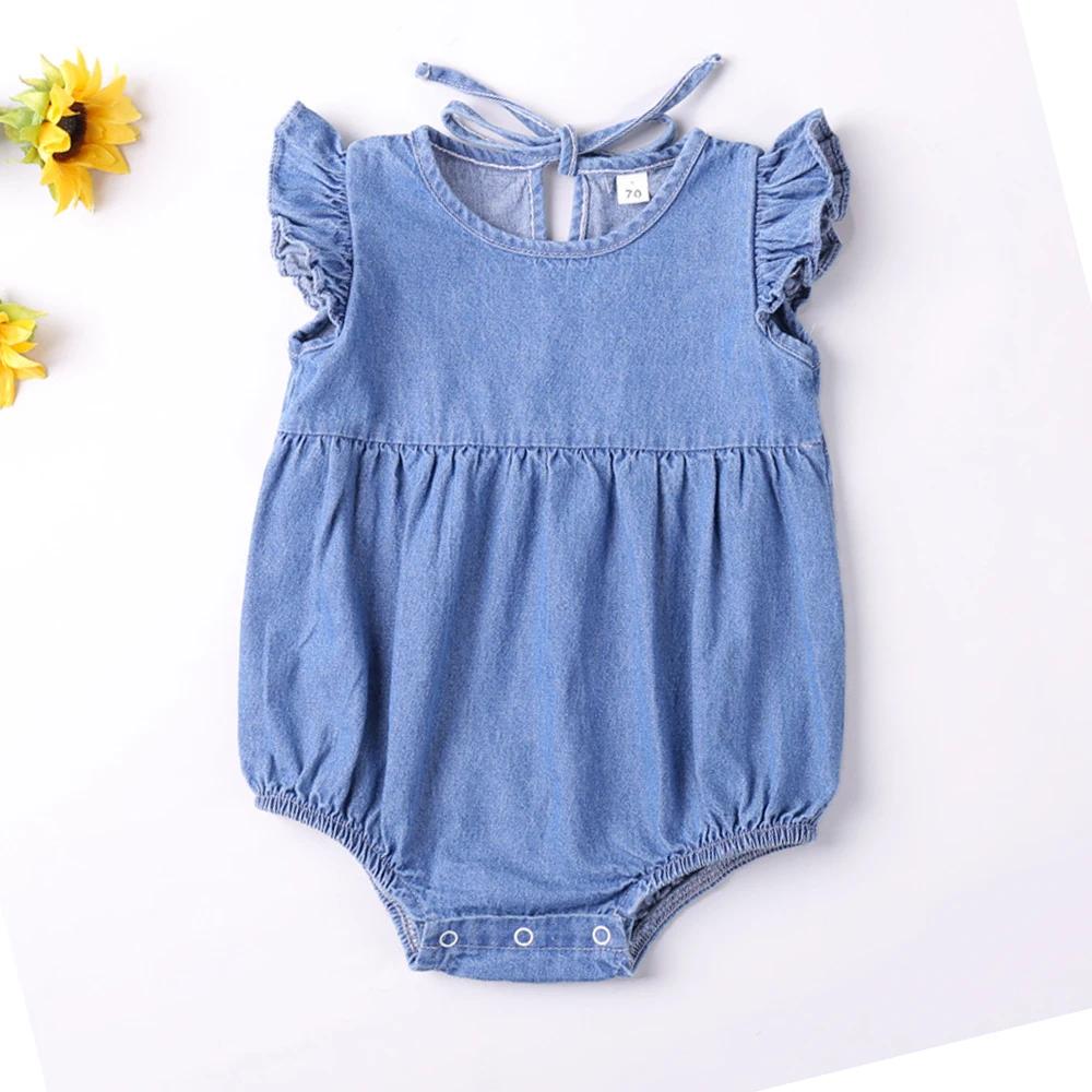 Barboteuse à volants pour bébés filles, barboteuse en coton et Denim, sans manches, body d'été, tenu