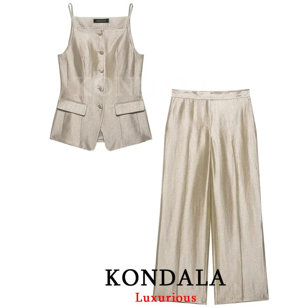 KONDALA Ensemble Chic Décontracté pour Femme : Haut Sans Manches à Boutonnage Simple et Pantalon Lon