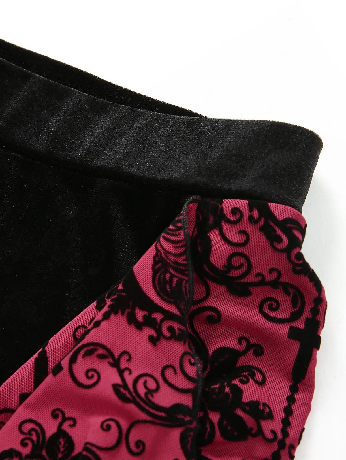 S-3XL gothique femmes Flare pantalon fleur croix flocage volants Patchwork velours bas 2026 nouveau