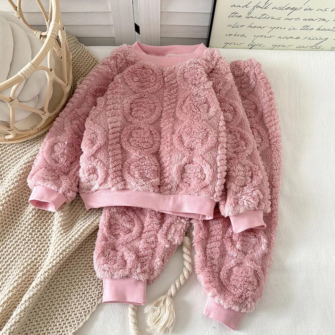 Ensemble pyjama en flanelle pour bébé, automne et hiver, style coréen, en peluche épaisse, vêtements