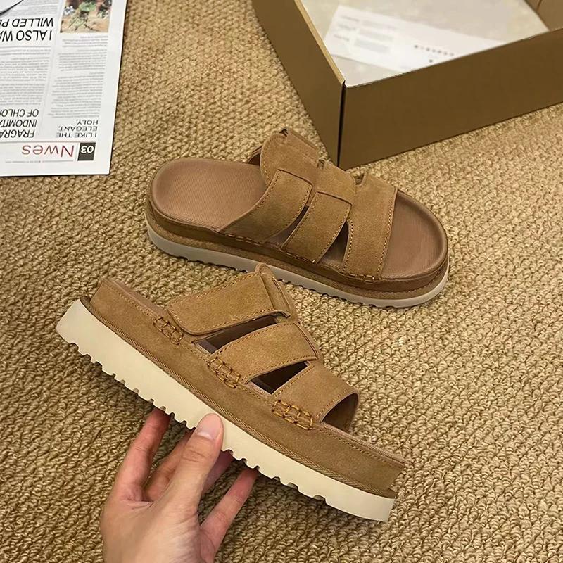 Sandales compensées décontractées en cuir de vachette givré à semelle épaisse pour femme – Idéales p