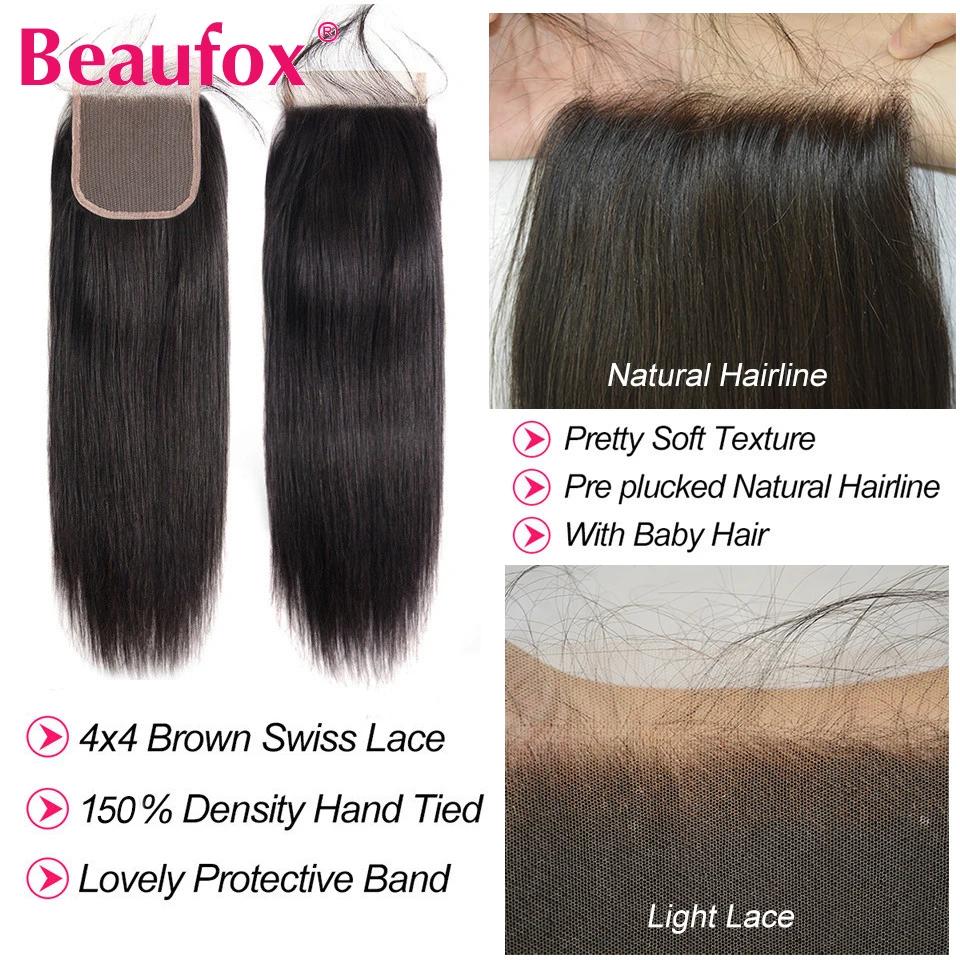 Beautorch-Mèches Péruviennes Naturelles avec Closure, Cheveux Vierges Lisses, Extensions de Cheveux 