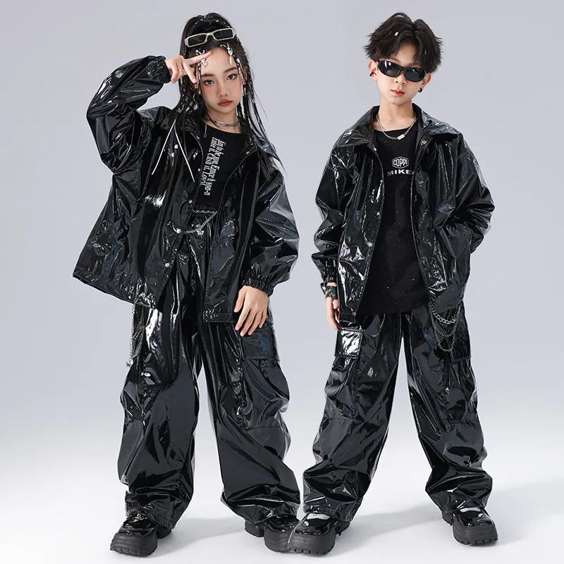 Ensembles veste et pantalon en cuir brillant pour enfants, vêtements de performance de danse sur scè