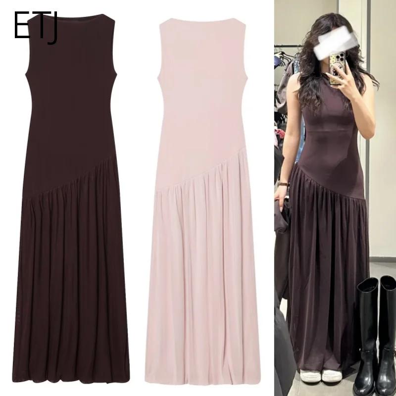 Robe mi-longue plissée marron sans manches à col montant pour femme ETJ, coupe fluide, style minimal