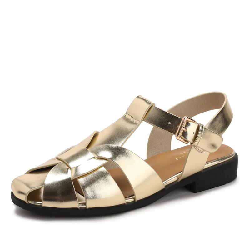 Sandales de pêcheur à bout fermé pour femmes, sangle tressée avec boucle, talon bas carré, chaussure