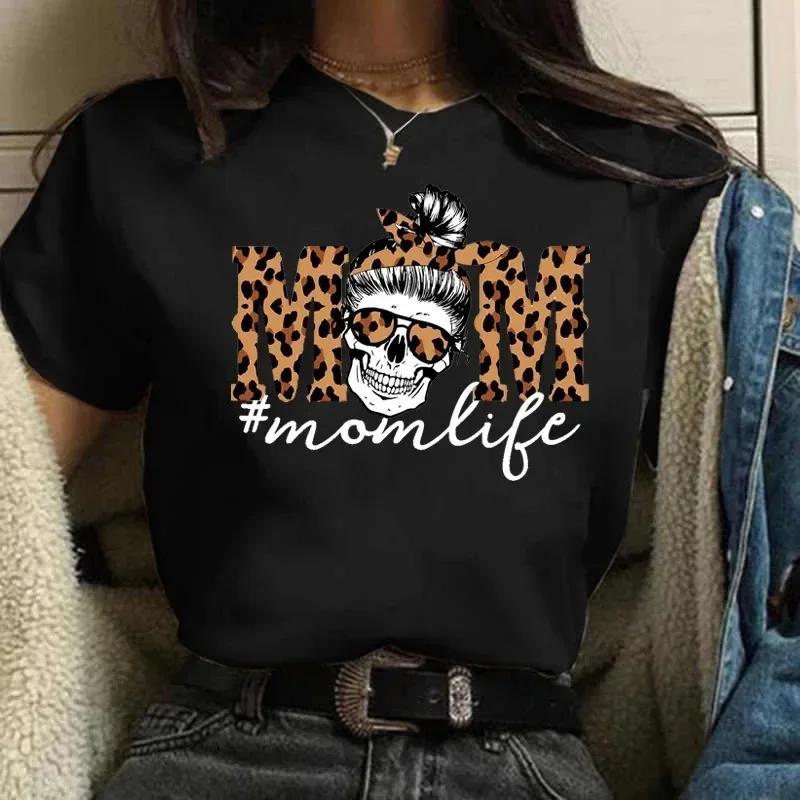 Momlife – t-shirt manches courtes col rond femme, ample, tête de mort, imprimé léopard