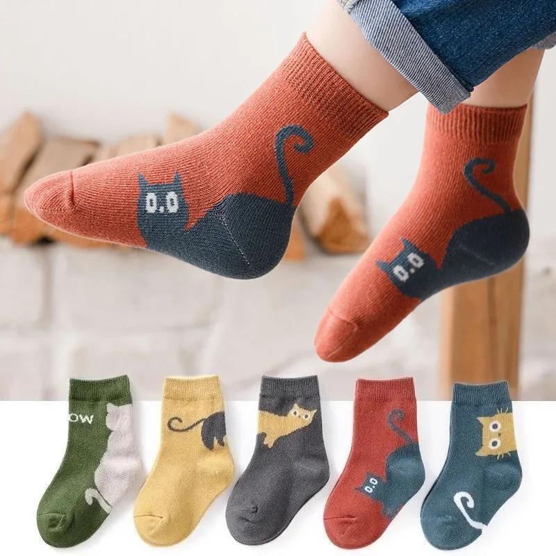 5 paires de chaussettes pour enfants, motif de chat de dessin animé, confortables et respirantes, po