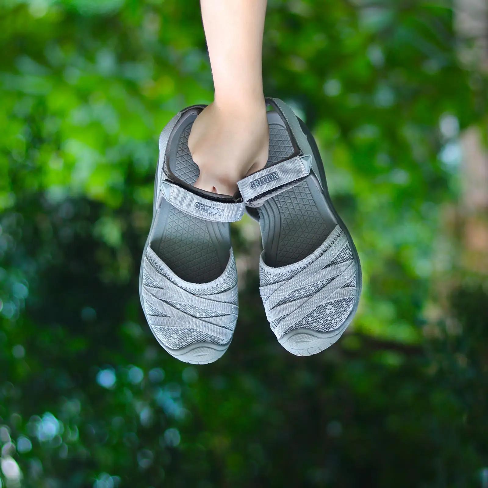 GRITION femmes sandales chaussures de plein air décontractées bout fermé talons plats tissu élastiqu