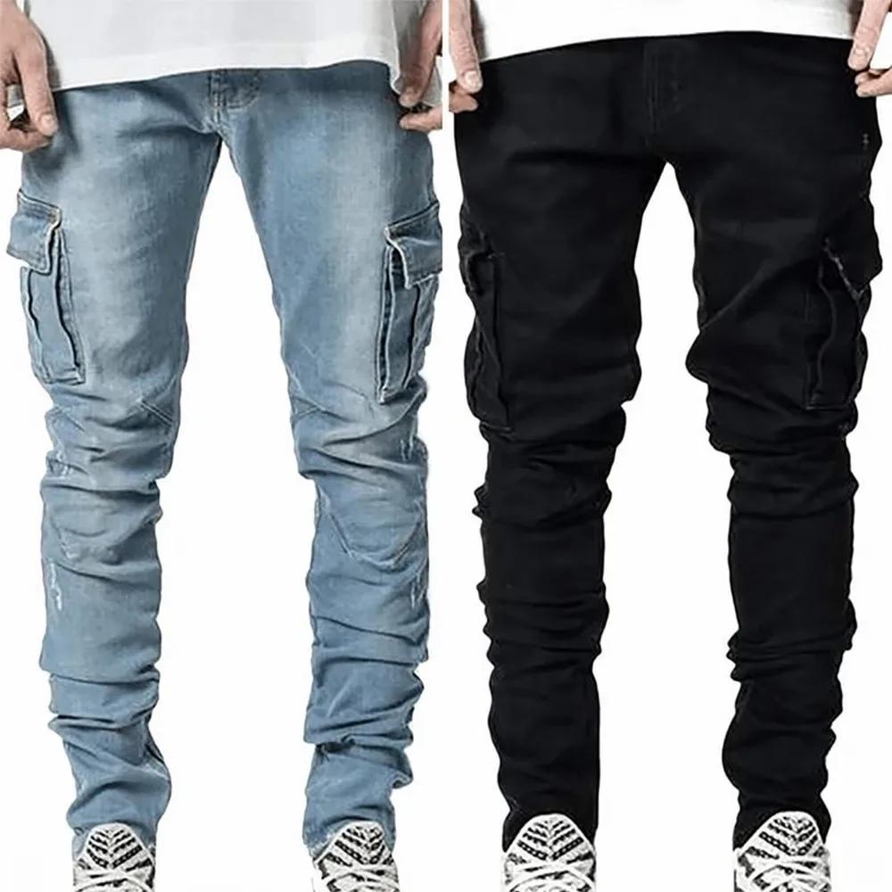 Jean élastique de rue pour hommes, pantalon Cargo en Denim, couleur unie, multi-poches, décontracté,