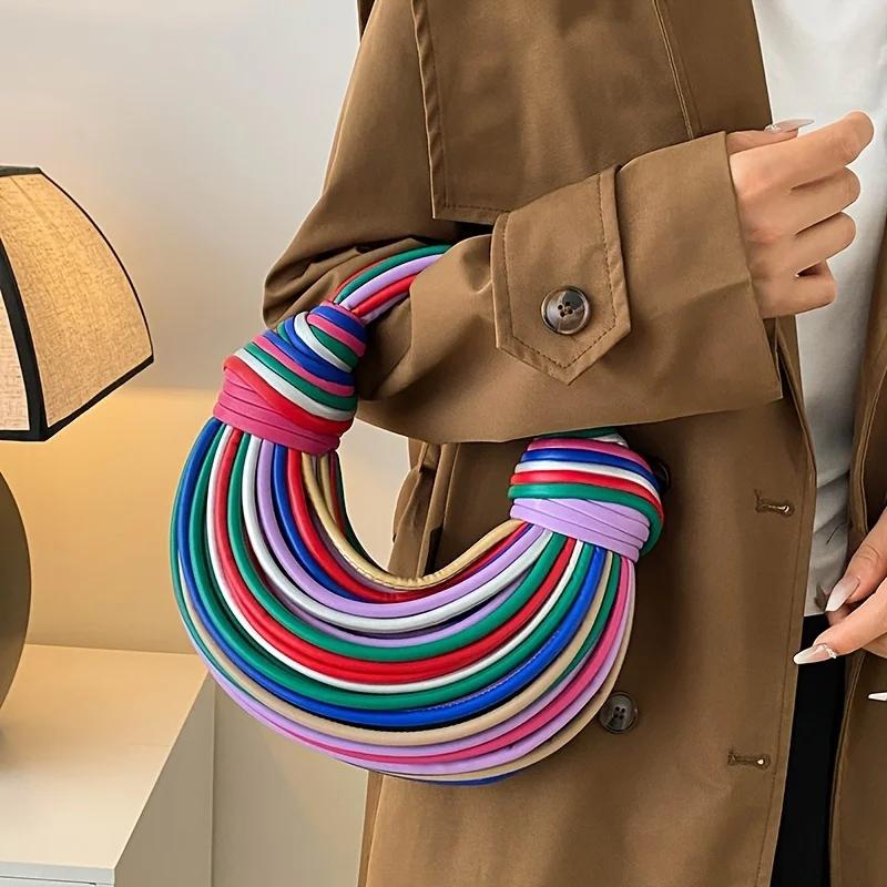 Sac à main à pompon tissé à la main pour femmes, Style décontracté, avec motif matelassé à chevrons,