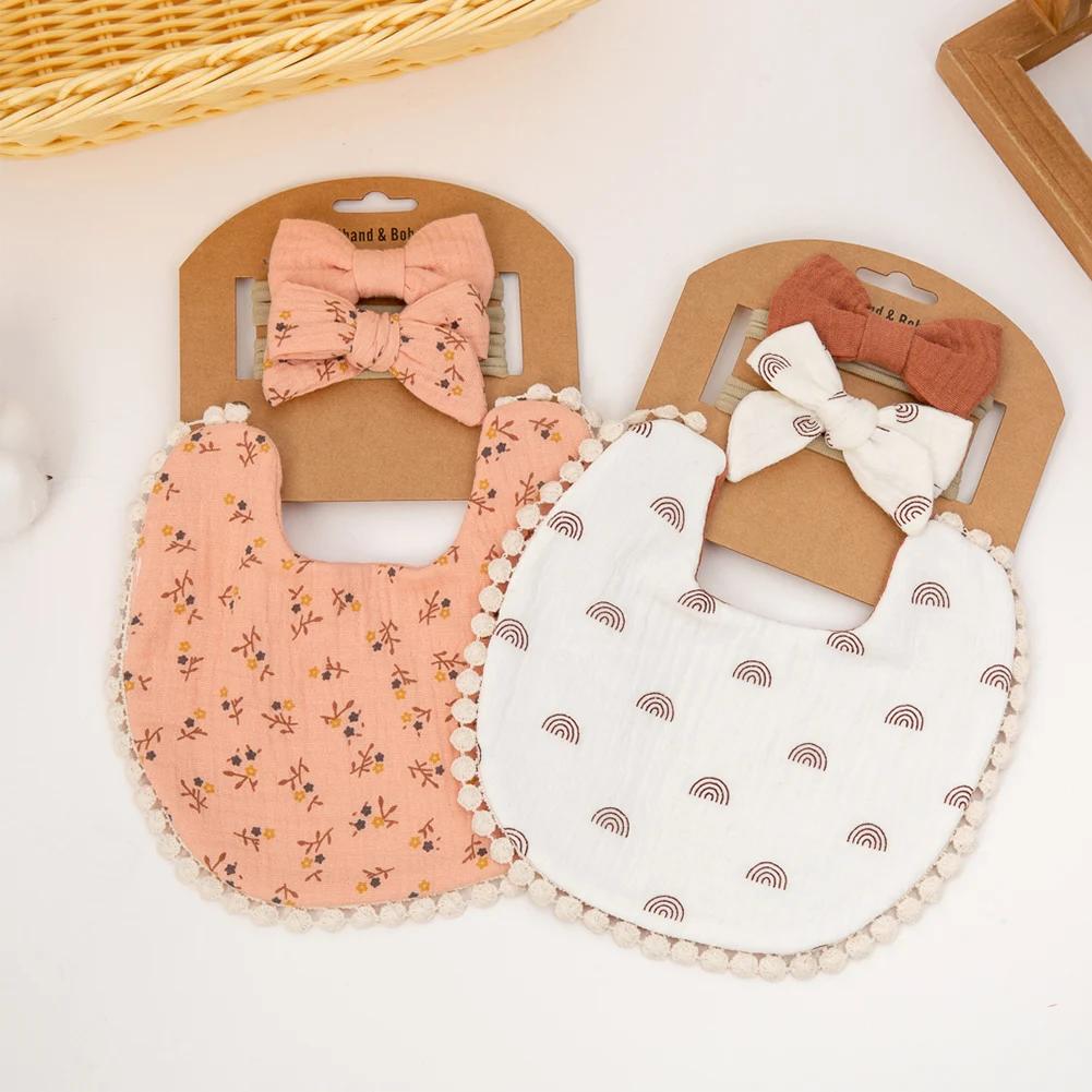 Bavoirs et bandeaux à fleurs pour bébé, 3 pièces/ensemble, bandeaux en Nylon avec nœud, serviette de
