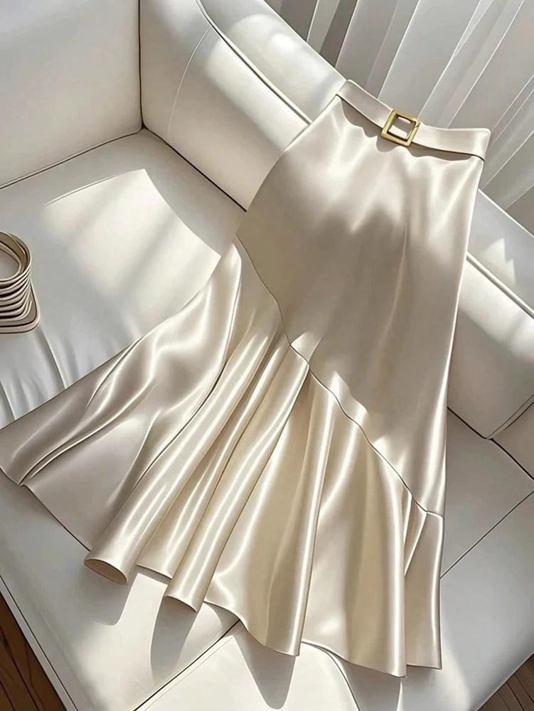 Demi-jupe trapèze en Satin pour femmes, nouveau Design Premium, élégant, couleur Pure, ceinture, col