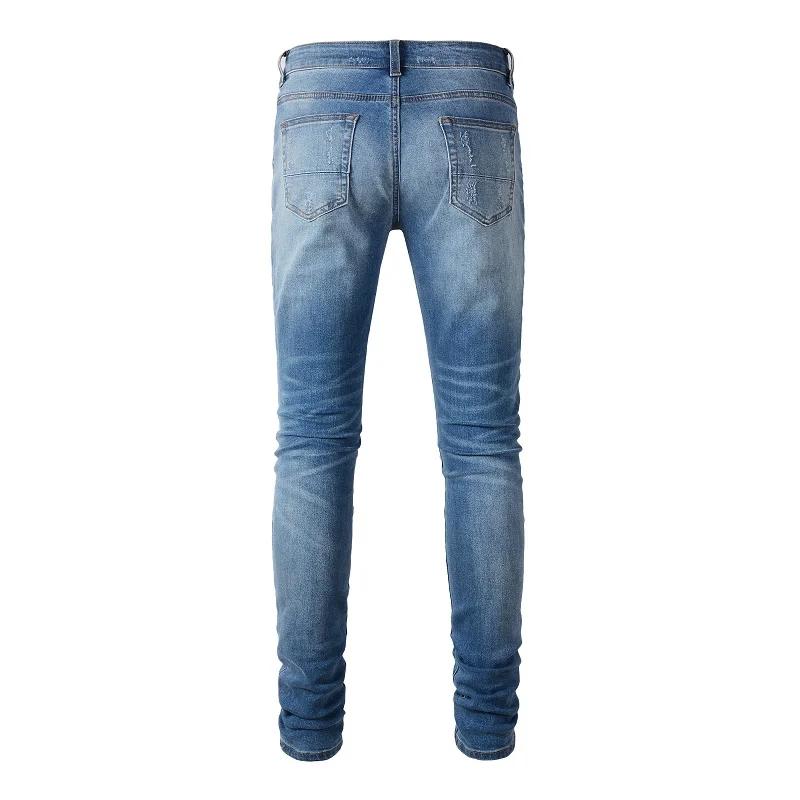 Jean de motard en Denim Stretch pour hommes, pantalon déchiré classique, bleu plissé, Patchwork, Str