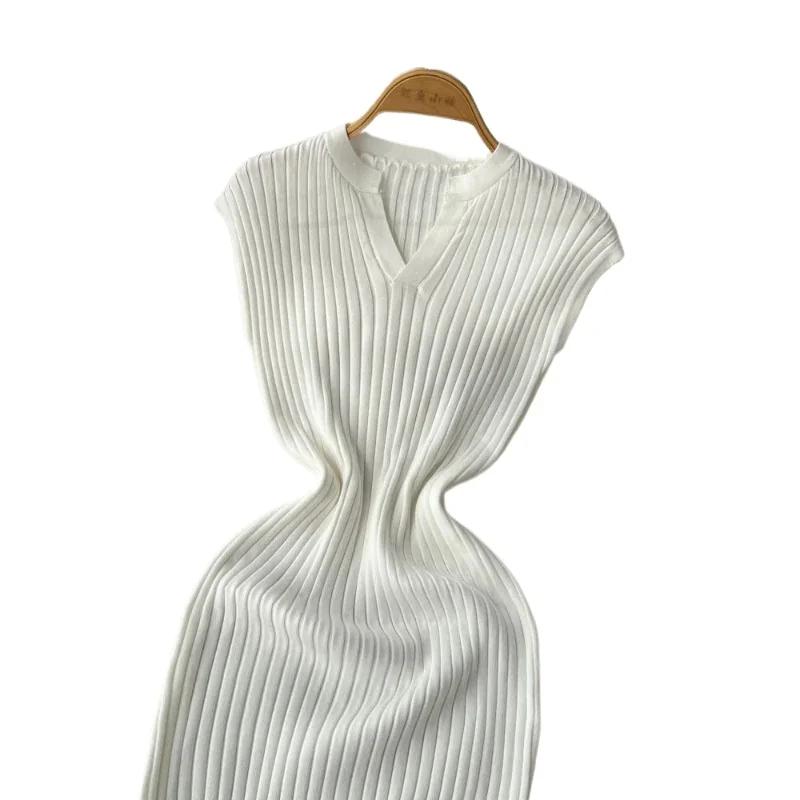 Robe longue moulante en maille blanche pour femme, col en V, sans manches, élastique, avec fente lat