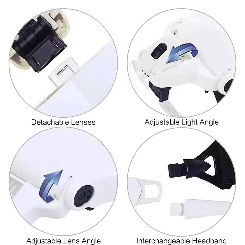 Loupes de lecture bijoutier montre Loupe éclairée 5 lentilles 2 lumières LED bandeau réglable Loupe 