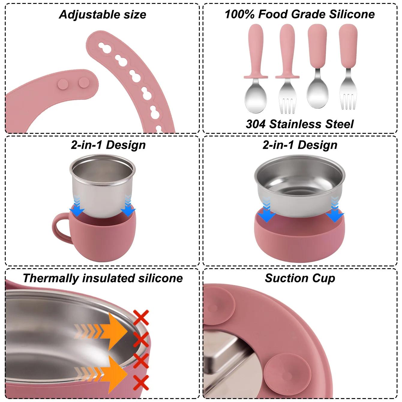 Ensemble d'alimentation pour enfants, 10 pièces, vaisselle en acier inoxydable et Silicone avec bol 