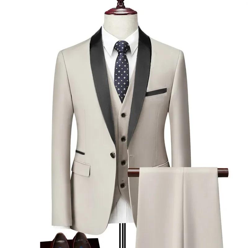 Ensemble de costume noir à revers pour hommes, manteau, gilet, pantalon/affaires pour garçons d'honn
