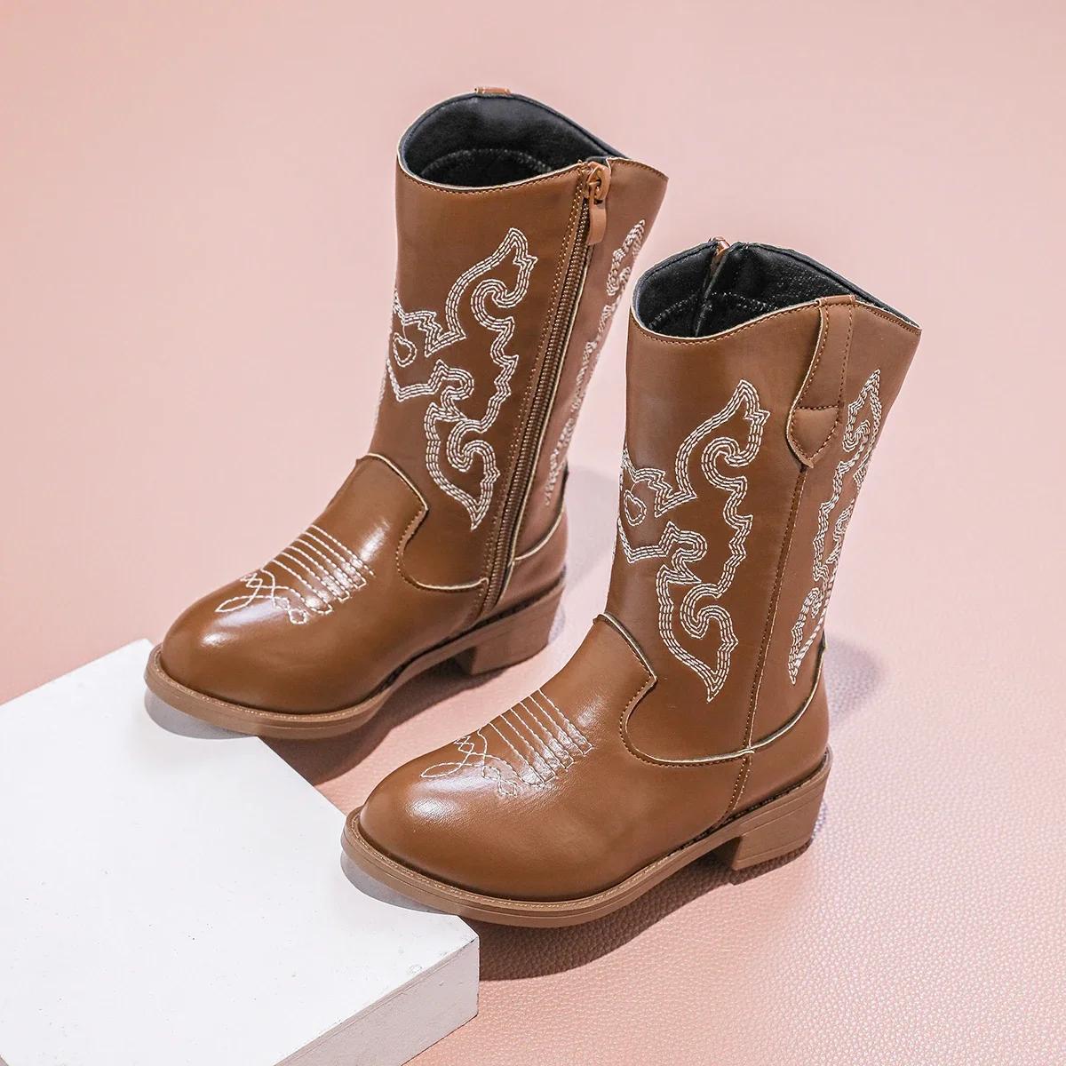 Bottines de Cowboy en PU pour filles, mi-mollet, antidérapantes, fermeture éclair latérale, simples,