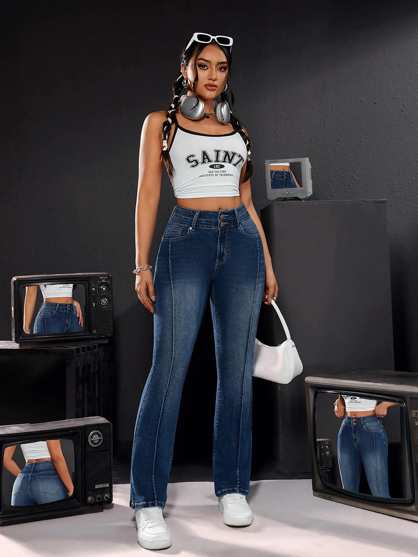 Pantalon en jean stretch taille haute pour femme, détails à double bouton, coupe confortable, jambe 