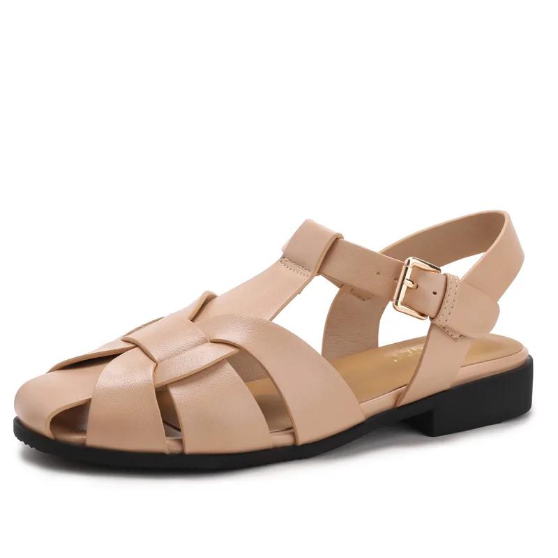 Sandales de pêcheur à bout fermé pour femmes, sangle tressée avec boucle, talon bas carré, chaussure