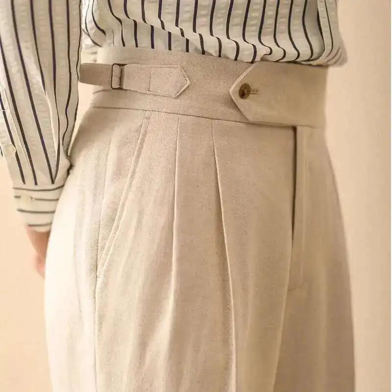 Pantalon droit en lin pour homme, pantalon formel, taille haute, drapé à Paris, Gentleman Business, 