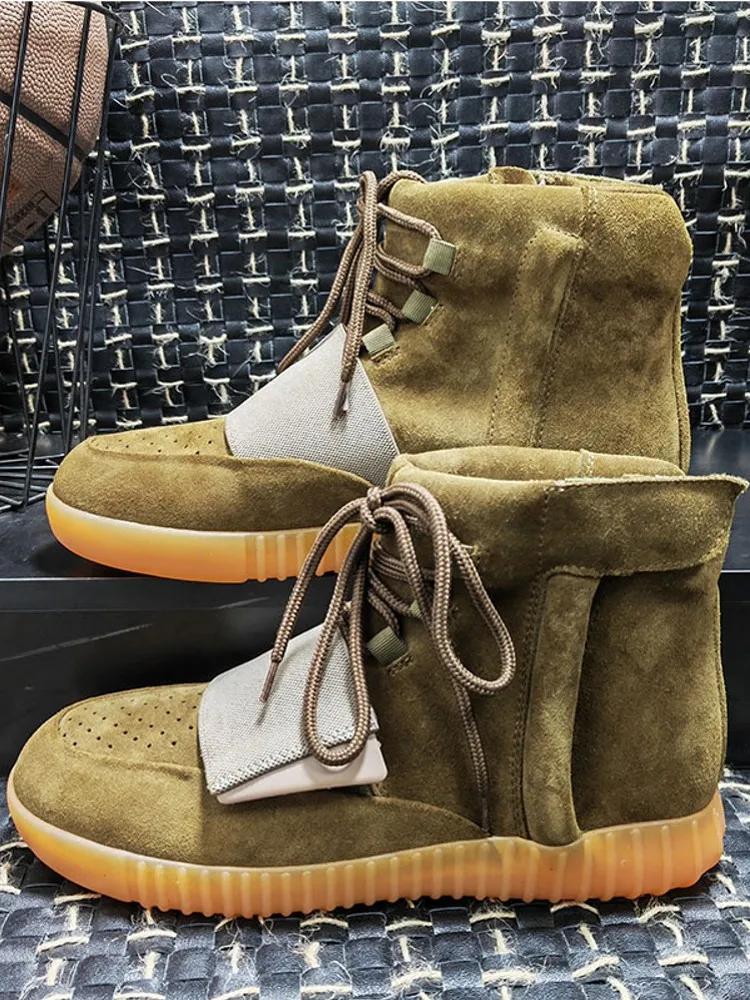 Nouveaux hommes moto équitation confortable ventiler bout rond mi talon vache daim cuir chaussures d