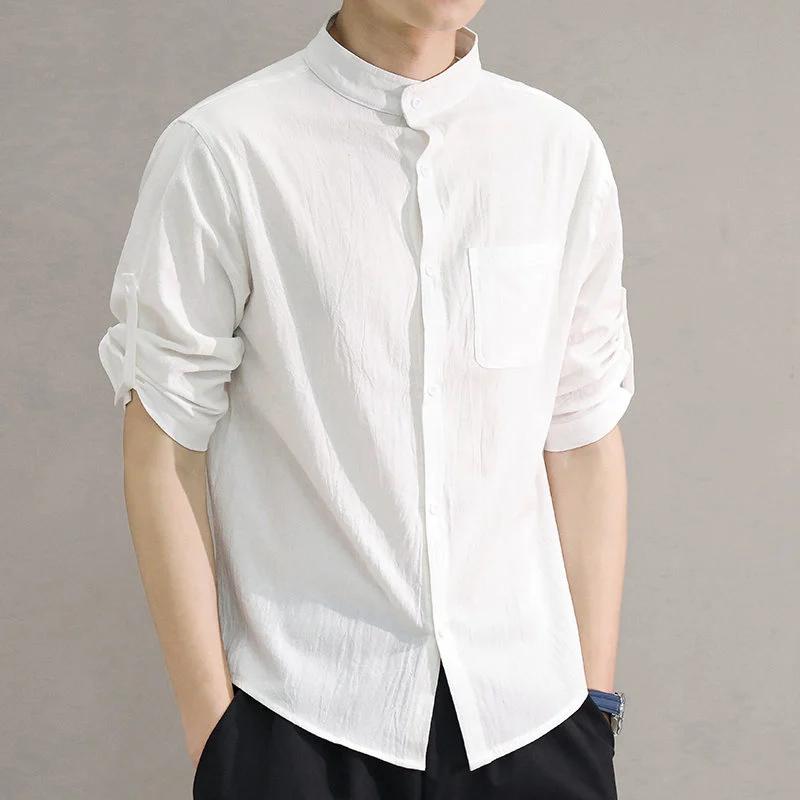 Chemise à manches courtes pour hommes, col montant, cinq points, manches mi-longues, à la mode, manc