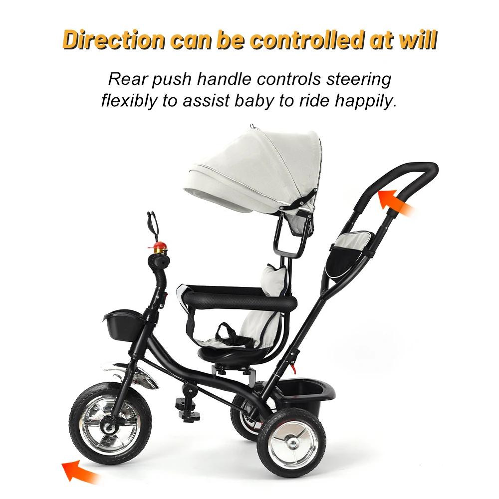 Tricycle Bébé Evolutif 6 en 1 Vélo Poussette Bébé avec Poignée de Poussée, Auvent Amovible, Ceinture