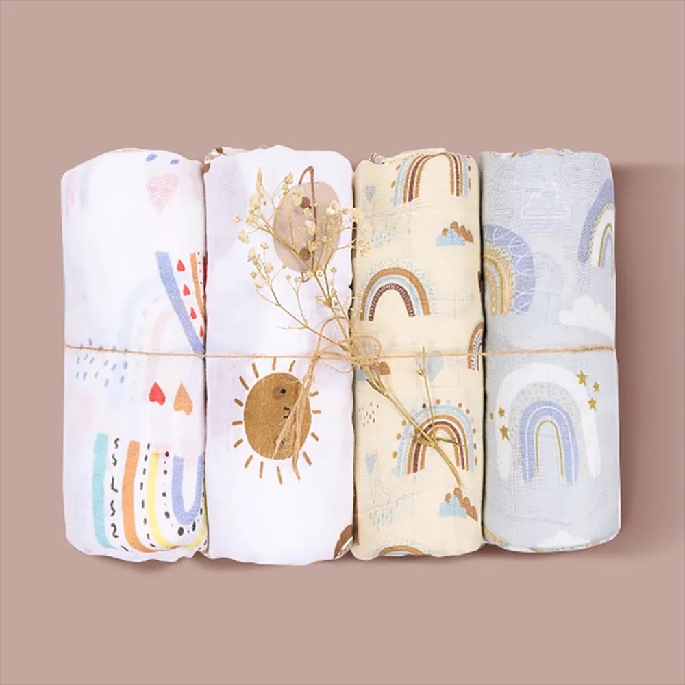 Couverture d'emmaillotage bébé en mousseline bambou - Serviette de bain douce nouveau-né - Sac de couchage 4 pièces