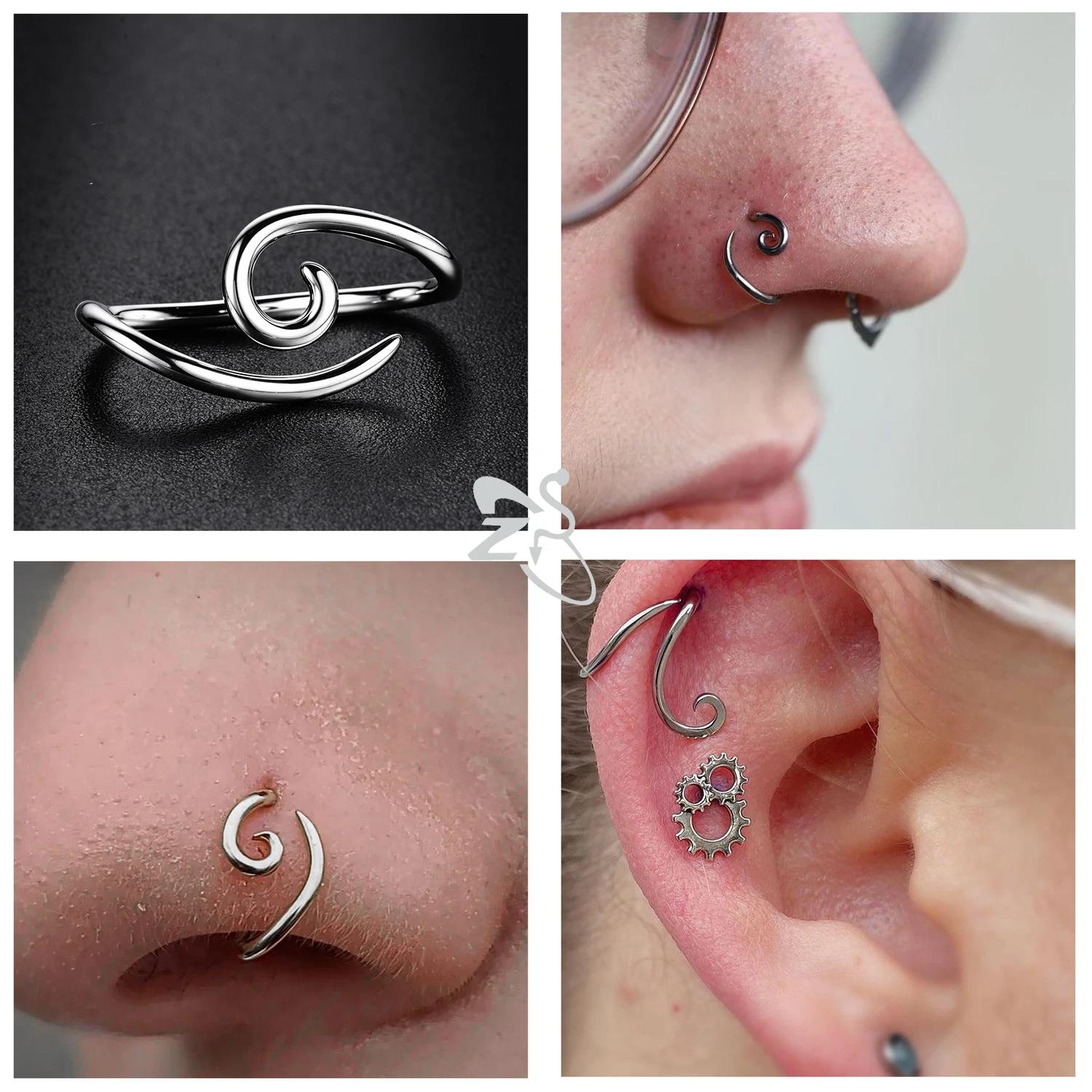 ZS 1PC 16G 925 argent crochet intérieur crochet extérieur anneau à sourcils pont en spirale nez Stud