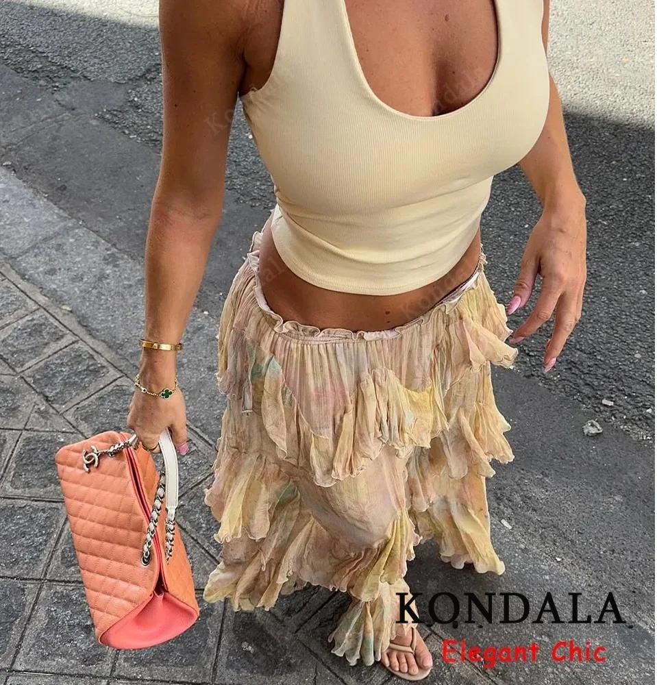 KONDALA femmes élégant Hippie jupe dégradé imprimé à plusieurs niveaux à volants jupes longues 2025 